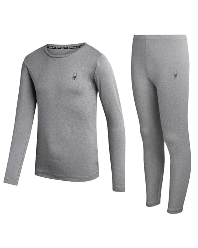 Spyder Kids Thermal Underwear Set - 2 Piece Moisture Wicking Insulated Girls Boys Thermal Set Base Layer Long Johns for Kids, Size 12-14, Heather Grey