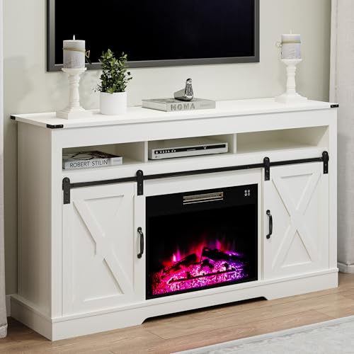 Image of RoyalCraft Farmhouse Fireplace TV Stand for 65+ Inch TV, Entertainment Center with 23 inch Electric Fireplace with Remote, 34 inch Tall Modern Rustic TV Console with Sliding Bar Door for Living Room, White