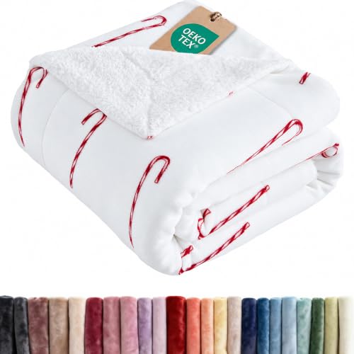 CGK Christmas Sherpa Blanket Queen Size, Reversible - Candy Cane, 90x90