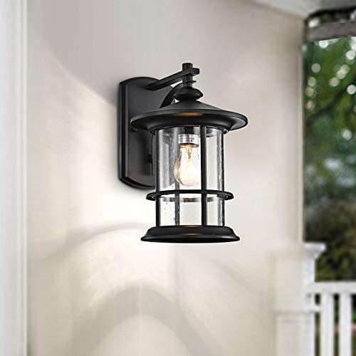 Image of MICSIU Outdoor Wall Light Fixture 3 Pack Exterior Wall Mount Lantern Waterproof Vintage Wall Sconce with Clear Seedy Glass for Front Porch, Patio, Backyard, Textured Black (Large)