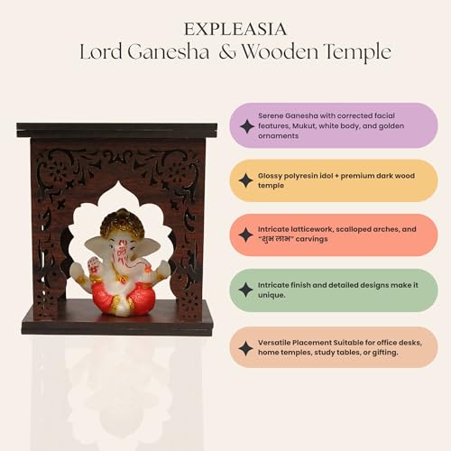 Image of EXPLEASIA Mukut Ganesha Idol with Wooden Temple with Rakhi for Home mandir Temple Car Dashboard Gift Items Festival Item showpiece