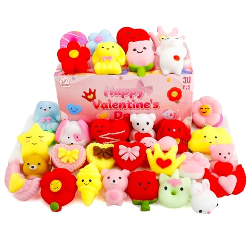 Valentines Day Gifts for Kids - 30 Pack Valentines Mochi Squishy Toys, Mini Kawaii Squishies Fidget Toys Prizes for Kids School Classroom Party Favors and Valentines Day Decor - 8