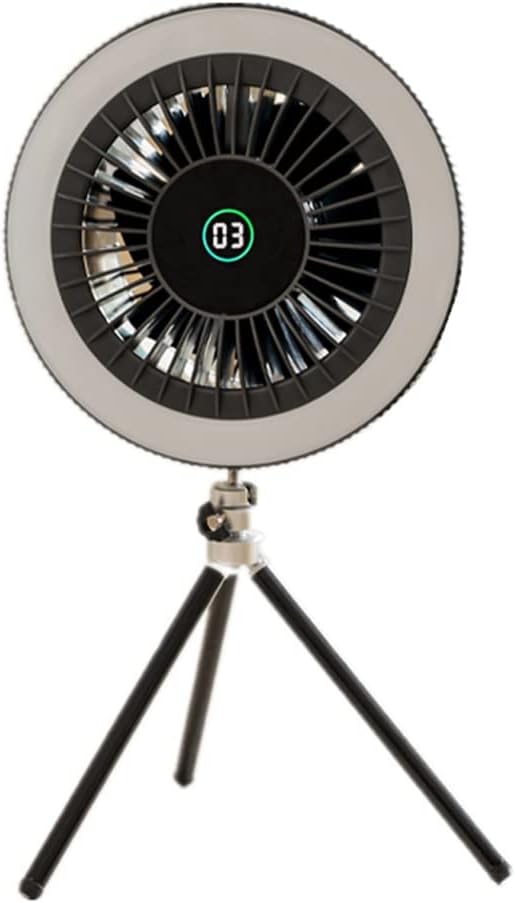 Portable Rechargeable Floor Standing Fan with LED Lamp for Home Room Hanging Camping Air Cooler