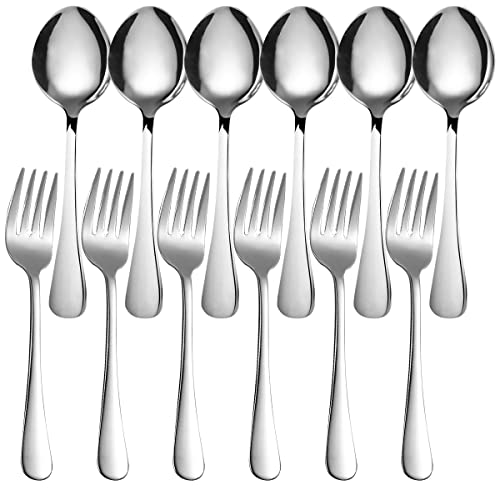 Stainless Steel Serving Spoon and Fork Set - Large Service Cutlery for Salad and Soup - Pack of 12 for Dining and Events