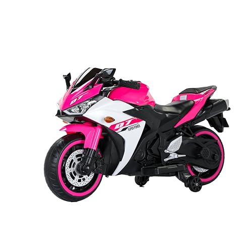 MEGHNA Kids Ride On Motorcycle Electric Motorcycle with Training Wheel 12V Electric Battery Powered for Kids Ages 3-8 Years with LED Light Tire Wide PU seat for Boys Girls Toy Gift (Pink White)