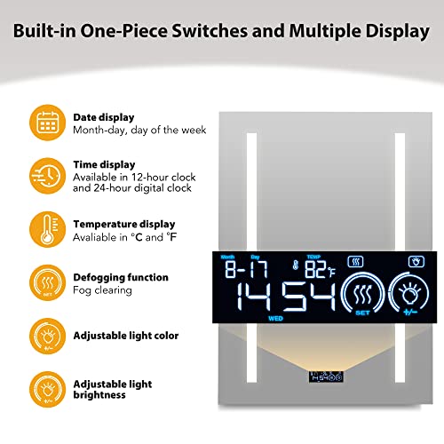 Bathlink Medicine Cabinet With Lights, Lighted Medicine Cabinet With Clock, Led Lights Medicine Cabinet With Mirror, 20"×26"×5", Temperature&Time Display, Defog, Adjustable Light, Right Hinge I #TOP1