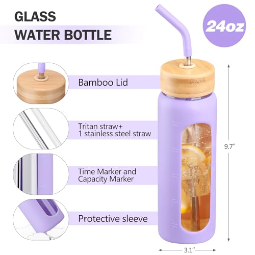 Image of 24oz Glass Water Bottle with Straw and 2 Lids, Purple
