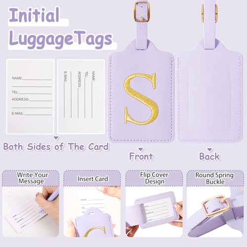 Image of Personalized Initial Luggage Tags for Suitcases, Cute PU Leather Embroidered Letter Travel Luggage Tags, Suitcase Identifier Name Baggage Tag, Bag Tags for Men Women Kids Luggage Handbags(Purple S)