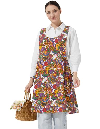 Image of Cozy Adjustable Cross Back Aprons for Women with Pockets Cotton Linen Cooking Kitchen Baking