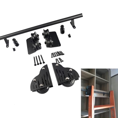 Kit de herrajes para escalera deslizante de biblioteca (sin escalera), Kit de rieles deslizantes para escalera de estantería de bodega móvil, Kit completo de rieles deslizantes de tubo redondo negro(7