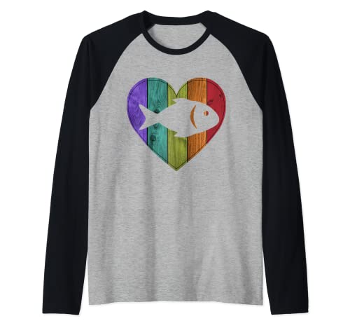 Fish Love | Colorido corazón de madera | Tablones de colores Camiseta Manga Raglan