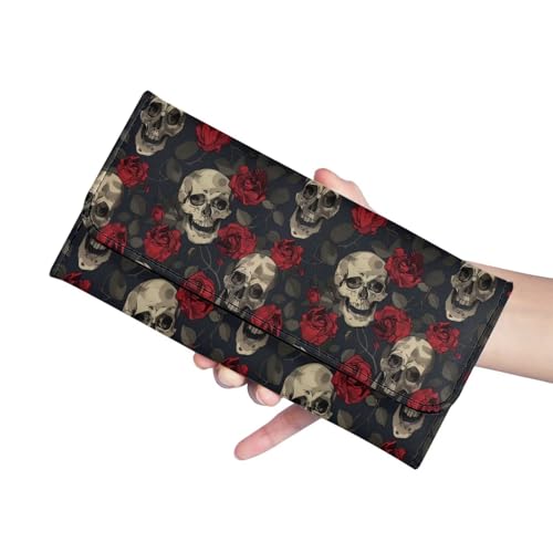 Image of AFPANQZ Rose Skeleton Women's Wallets Large Capacity with RFID Protection Waterproof Leather Long Clutch Phone Holder Zip Inner Pocket Multi-Cards Slots Large Travel Wallet