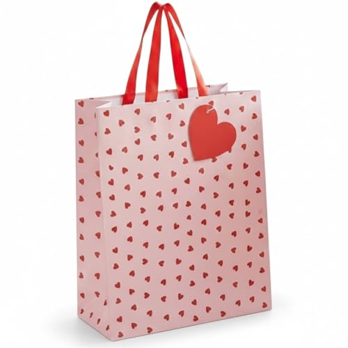 AKH Valentines Day Medium Gift Bag | Romantic Heart Print Gift Packaging | 26x22x10CM | Gift Bag for Her Him | with Gift Tag & Ribbon Handle | Red Hearts