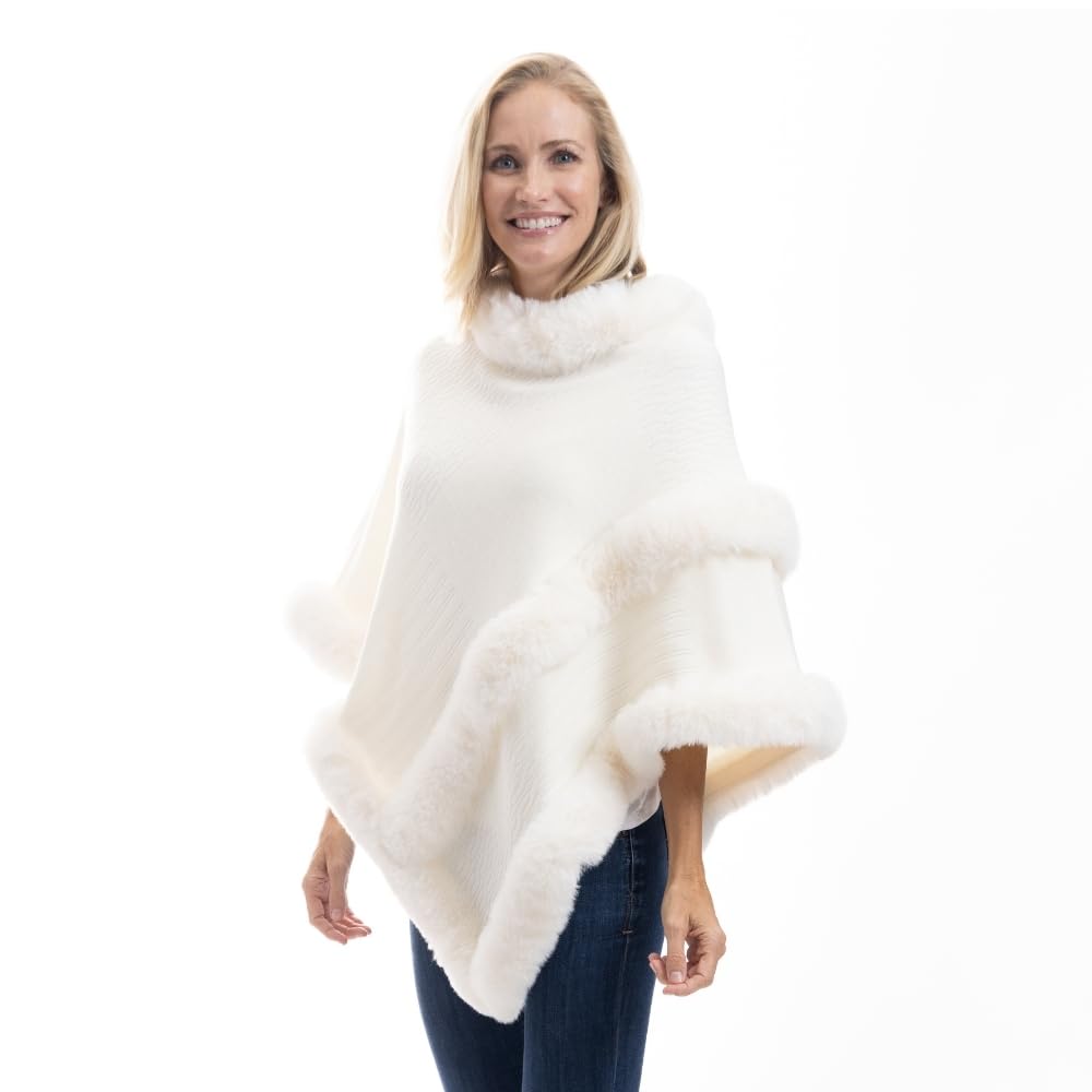 Luxurious Faux Fur Trim Cozy Knit Poncho, One Size
