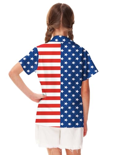 Image of Remimi Unisex Kids 4th of July Button Up Shirt Boys American Flag Print Hawaiian Beach Short Sleeve Tops 5-14 Years