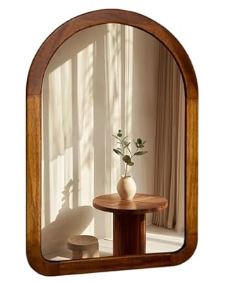 Arched Mirror 24 x 36 Inch,Brown Wood Rustic Bathroom Tempered Wall Mirror with Wood Frame,Round Corner Arch Farmhouse Wooden Vanity Mirror for Living Room,Entryway or Bedroom?Walnut Brown?