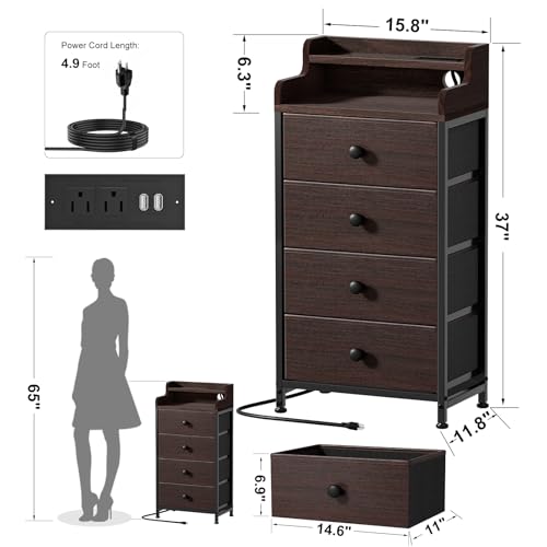 REAHOME Nightstand with Charging Station and LED Light, Tall Brown Night Stand with 4 Drawers and 2-Tier Shelf, Bedside Table with Sturdy Steel Frame Wood Top for Bedroom, Living Room - Brown - Thumbnail 3