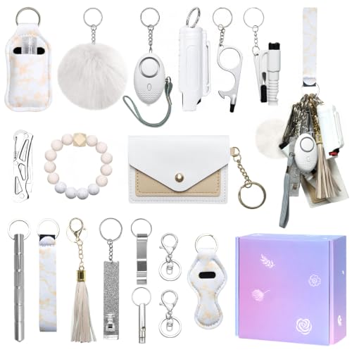 Jsngbse Safety Keychain Set for Women Wristlet Keychain for Women with Bottle Opener Card Holder Whistle Wristlet Strap Travel Bottle Holder Keychains Accessories KitWhite