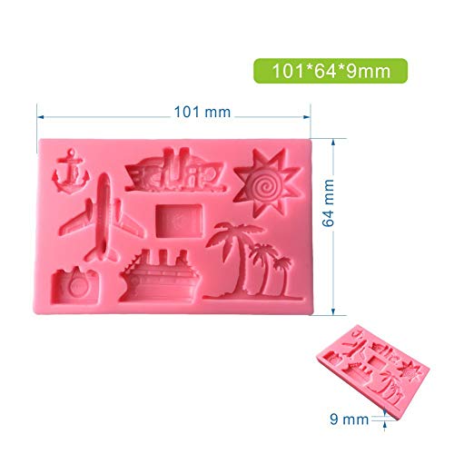 2Pcs/Set Summer Vocation Travel Fondant Molds, Seaside Holiday Silicone Mold for Cake Cupcake Decorating Polymer Clay Mould (Airplane Cruise Liner Camera Coconut Tree Sun Beach Slippers Swimsuit) - Image 2