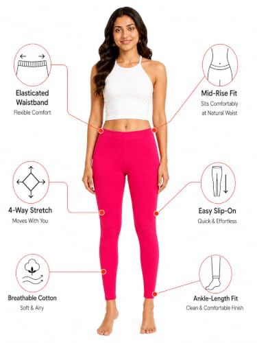 Image of Women's Cotton Lycra Ankle Length Leggings | Regular Rise, Soft 4 Way Stretch Fabric | Casual & Ethnic Wear