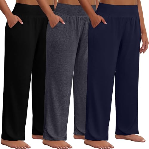 Neer 3 Pack Women Plus Size Wide Leg Yoga Pants High Waist Sweatpants Plus Size Palazzo Pants Lounge with Pockets