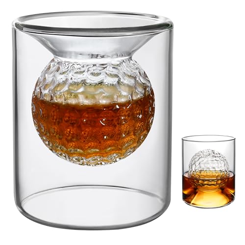 Vasos de whisky, vasos de ron de doble propósito de 50 ml/90 ml, regalos de golf para golfistas masculinos, vasos de whisky con forma de bola de golf integrados, vasos de cristal perfectos para el