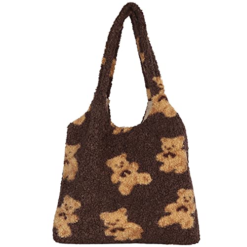 Women Girls Teenagers Faux Fur Teddy Bear Fluffy Plush Handbag Shoulder Bag, Dark Brown, One Size