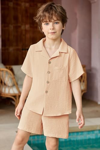 Image of Arshiner Boys 2 Pieces Summer Beach Outfits Short Sleeve Button Down Shirts and Shorts Vacation Texture Sets for Kids