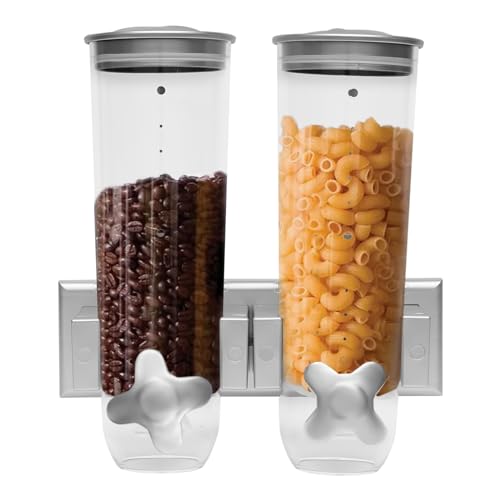 Dispensador de cereales, montaje en pared, doble hermético, con tapa y 2 recipientes, dispensador de cereales para alimentos secos, cereales, harina, azúcar (plata)
