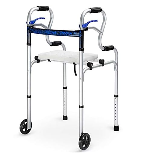 Health Line Massage Products 4 in 1 Stand-Assist Folding Walker with Detachable Seat, Trigger Release and 5 inch Wheels Supports up to 350 lbs, Compact Lightweight & Portable with Glides, Silver