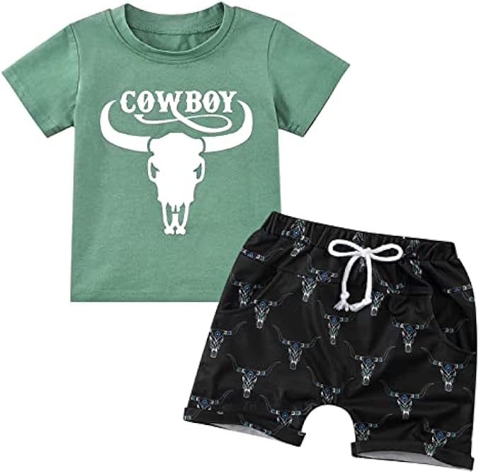 URMAGIC Infant Baby Boy Summer Clothes Western Toddler Boy Outfit Cow Print Short Sleeve T Shirt Tops Solid Shorts Set