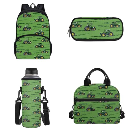 Green Tractor Backpack Toddler Boy Tractor Schoolbag and Lunch Box Pencil Bag Water Bottle Holder 4Piece School Bag Sets Farm Tractor Backpacks for Boys 6-8 Elementary School Bookbag2