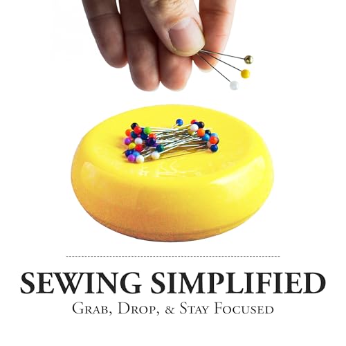 Image of Grabbit Magnetic Sewing Pincushion with 50 Plastic Head Pins - Magnet Pin Organizer for Quilting, Embroidery, Needles, Bobby Pins, & Craft Storage, Yellow