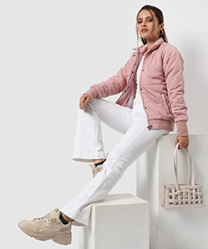Image of PINACOLADA Women's Pink Puffer Regular Fit Bomber Jacket For Winter Wear | Standing Collar | Full Sleeve | Buttoned | Casual Jacket For Woman & Girl | Western Stylish Jacket For Women