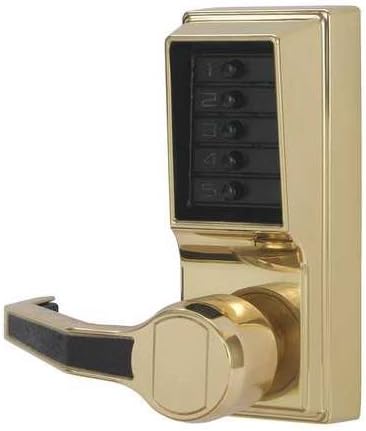 Kaba Simplex L1000 Series Metal Mechanical Pushbutton Cylindrical Lock with Lever, No Key Override, 13mm Throw Latch, Floating Face Plate, 70mm Backset, Bright Brass Finish, Left Hand