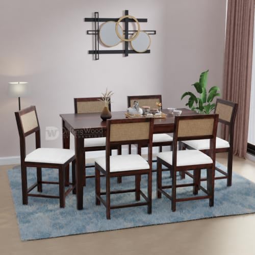 Image of DRIFTINGWOOD Amber Solid Sheesham Wood 6 Seater Dining Table Set with Rattan Back Chairs | White Rexine Upholstered Seating for Home & Dining Room (Walnut Finish, DIY)