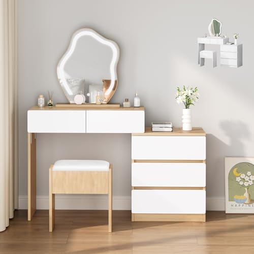 ALFORDSON - Tocador con espejo, 5 cajones espaciosos y taburete de almacenamiento, iluminación LED ajustable en 10 niveles, vestidor moderno para mujeres y niñas, color madera y blanco