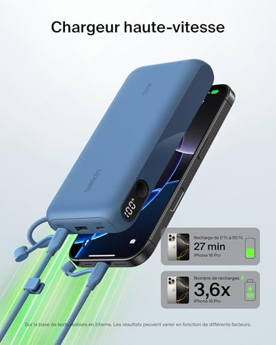 Belkin Batterie Externe USB-C 20 000 mAh, Power Bank avec 2 Ports Type C et 1 Port USB-A (écran numérique, 20 W, pour Tous Les modèles de l'iPhone 16, Samsung Galaxy S25, Pixel 9, iPad, etc., Bleu)