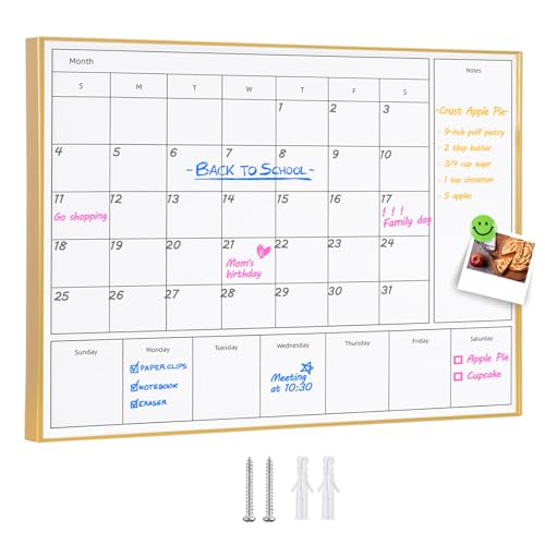 Aitakatta 3-in-1 Dry Erase Calendar for Wall with Gold Aluminum Frame Magnetic Monthly & Weekly Calendar Whiteboard Dry Erase Board for Wall Hanging White Board for Decor/Memo(YL+ZL-Gold 4333)