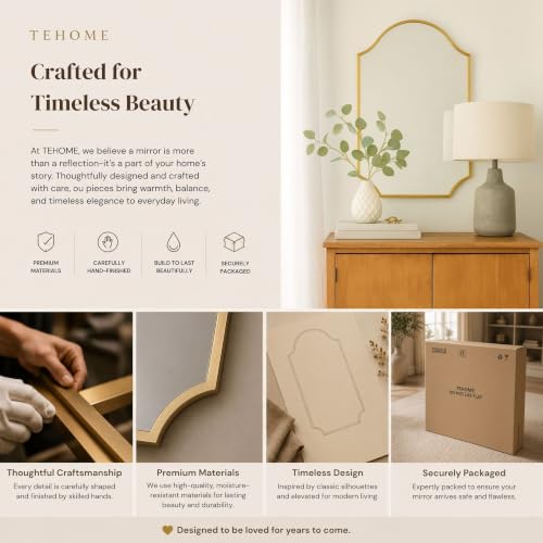 Image of TEHOME Scalloped Brushed Gold Bathroom Mirror, Brass 24x36'' Decorative Bathroom Vanity Mirror