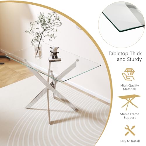 Image of 5 Piece Glass Dining Table Set for 4, Modern Tempered Glass Top Kitchen Table and Chairs Set, 4 Upholstered Chairs and Faux Leather Cushions, Space-Saving Small Apartment Dining Set