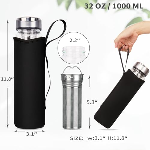 Reeho 32 oz Glass Water Bottle with Tea Infuser reusable Tea Tumbler with Strainer portable Travel Mug with Sleeve for Loose Leaf Tea, Cold Brew Coffee, Infused Fruit Water (Green)