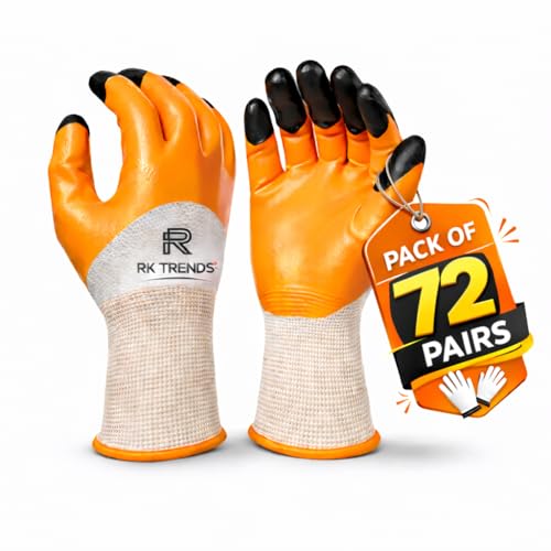 Image of Safety Gloves - Nylon Nitrile Coated Industrial & Home Cut Resistant Hand Gloves. (Pack of 72 Pairs, Orange (Double Coated))
