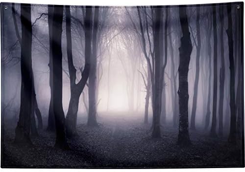 SUJIN Misty Forest Tapestry Wall Hanging, Halloween Wall Tapestry for Bedroom Living Room,Scary Fantasy Foggy Forest Backdrop Dark Fantasy Woods Landscape Gothic Decor Tapestry Black Large (90"x60")