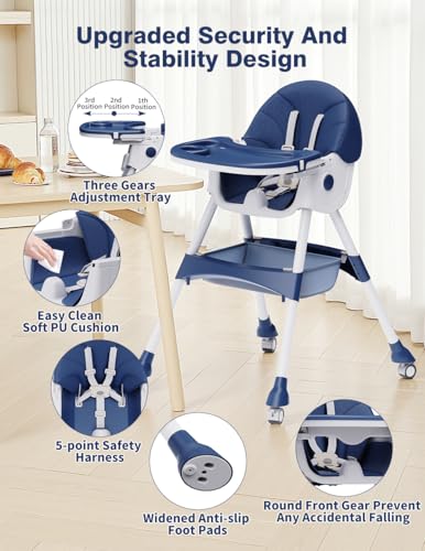 Image of High Chairs for Babies and Toddlers, 4 in 1 Convertible Baby High Chair, Portable High Chair for Travel with Adjustable Height and Back, Foldable HighChair with Wheels& Pu Cushion