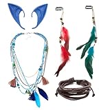 SeleneTenderaes 5PC Bule Cosplay Accessories Costume, Soft Latex Pointed Elf Ears, Boho Feather Tassel Beads Necklace a wristband.