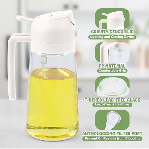 Puwowye Spruzzino Per Olio 470Ml, 2 E 1 Olio Spray Cucina, Oliera Spray Multifunzionale, Spruzzatore Olio Per Cucinare, Grigliare, Insalate, Completo Pennello Cucina E Scovolino Bottiglie, Bianco - 3