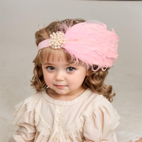 Stretchy Baby Girls Feather Headband Pearl Beads Fabric Flower Elastic Toddler HairBands Birthday Party Princess Hair Accessoties for Newborn Infant (Pink B, Standard Small)2