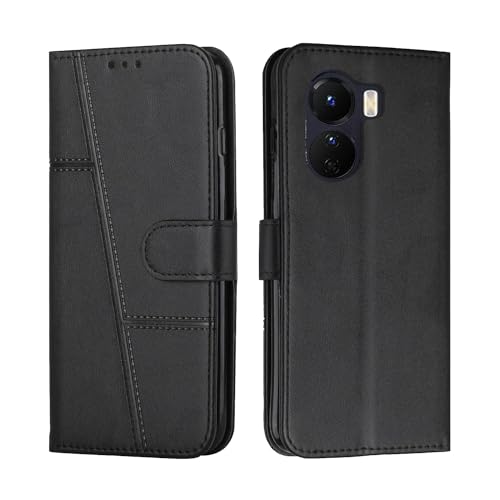 Image of for Vivo Y16 / Vivo Y56 5G / Vivo T2x 5G Flip Cover Leather Finish | Inside TPU with Card Pockets | Wallet Stand | Complete Protection Flip Case Black