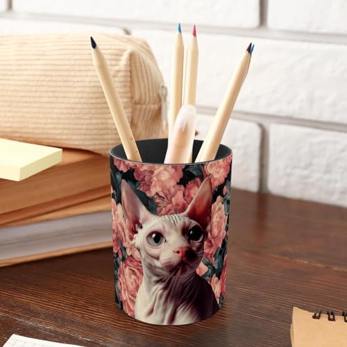 Pot à crayons original motif chat sans poils et fleurs roses pour offrir - 5